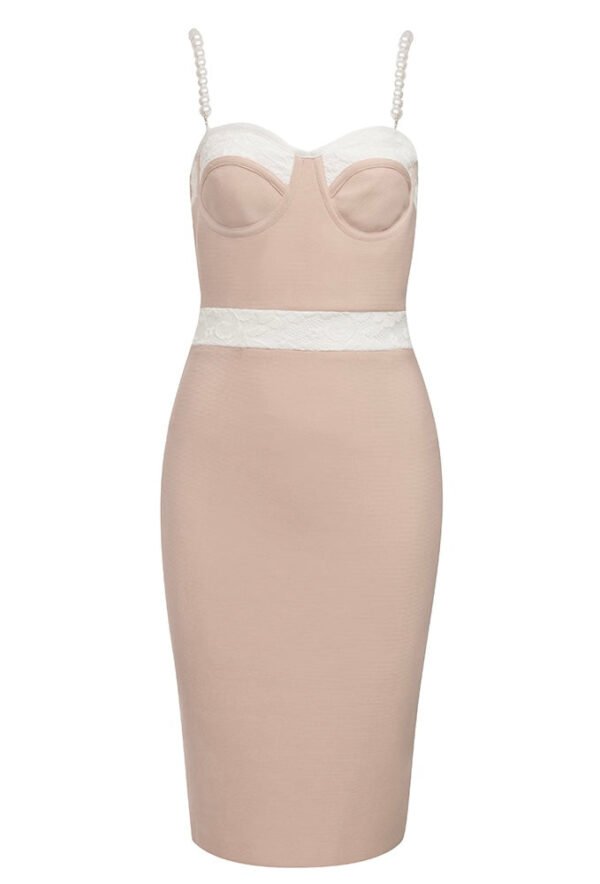 Cassandra Beige White Pearl Spaghetti Strap Midi Dress - Image 13