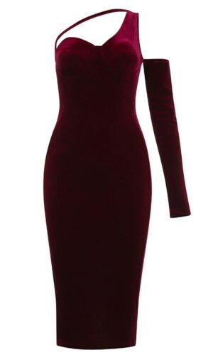 Elsie One Sleeve Bustier Velvet Midi Dress - Burgundy