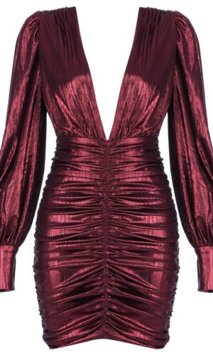 Natalie Wrinkled Mini Long Sleeve V Neck Dress