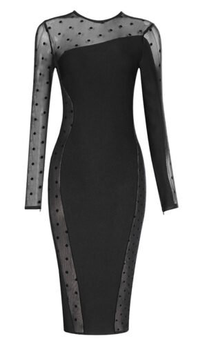 Gilian Mesh Polka Dot Long Sleeve Midi Dress