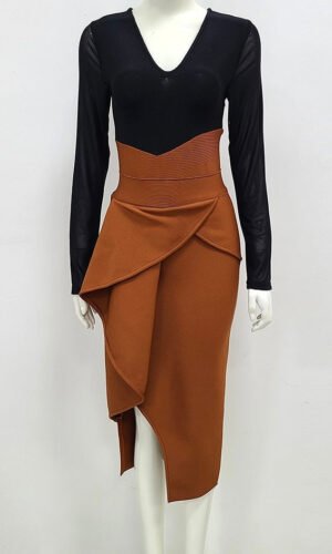 Kaylee Long Sleeve Brown Black Midi Dress