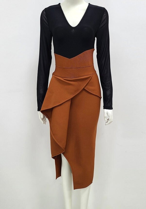 Kaylee Long Sleeve Brown Black Midi Dress