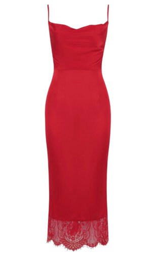 Laney Red Spaghetti Strap Midi Dress with Lace Hem