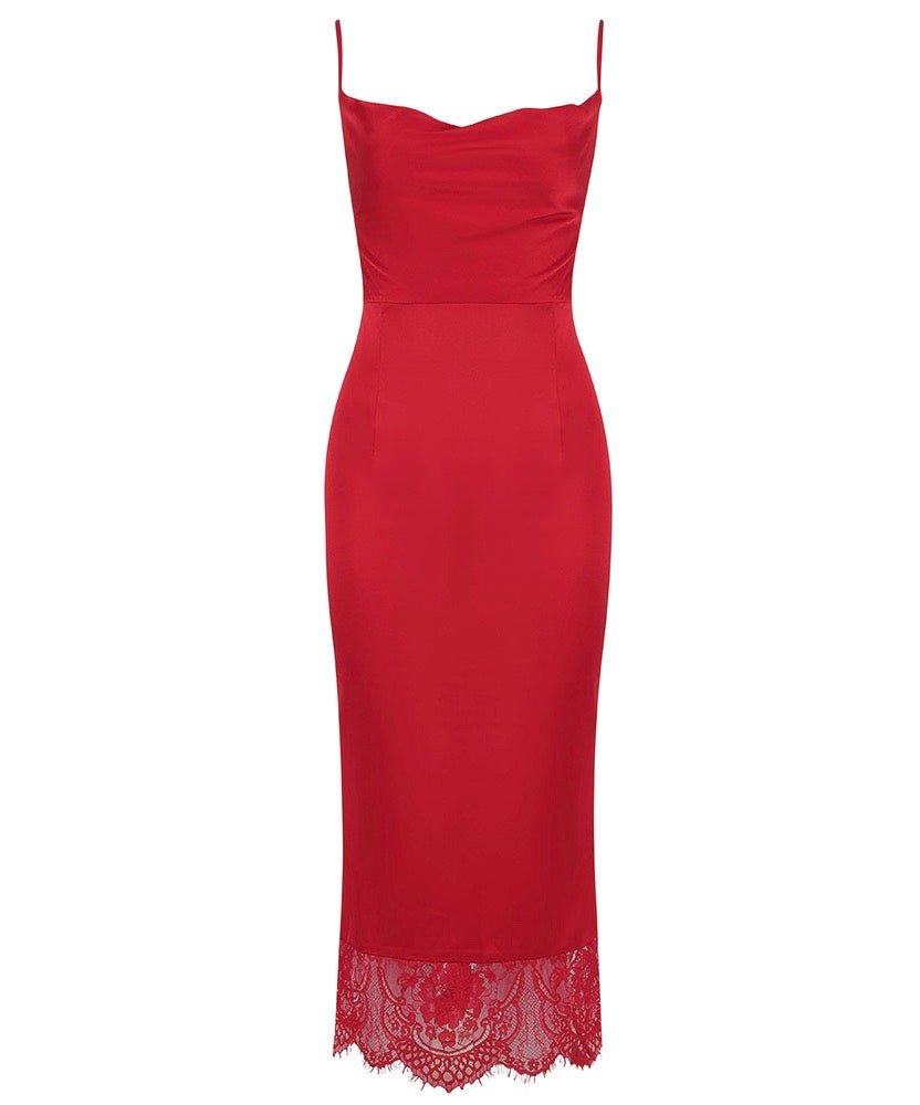 Laney Red Spaghetti Strap Midi Dress with Lace Hem