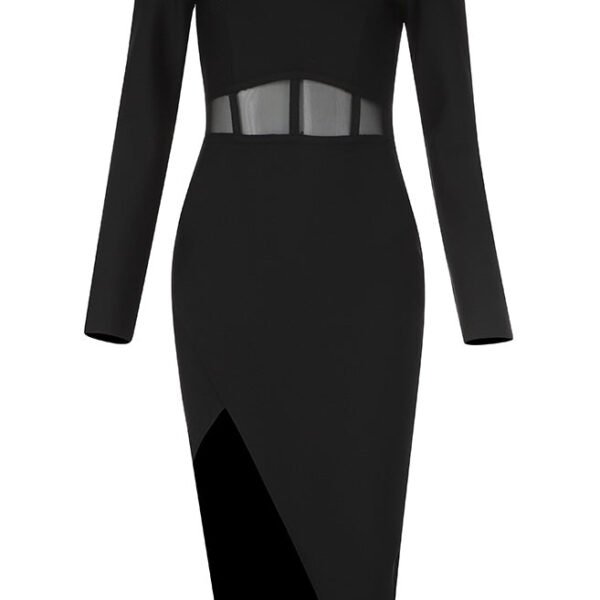 Fay Black Long Sleeve Midi Dress with Mesh Insert