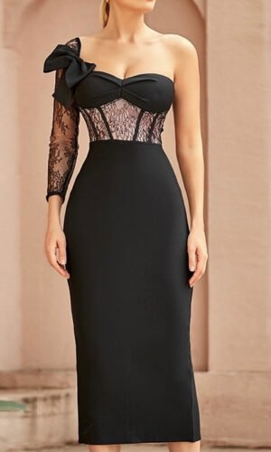 Winter Black One Sleeve Lace Mid Dress