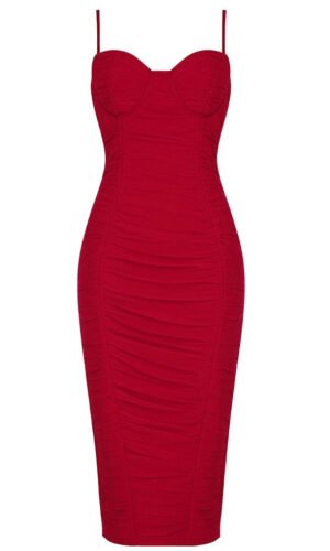 Everleigh Red Bustier Ruched Midi Dress