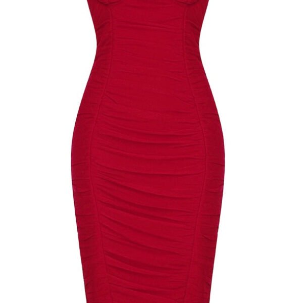 Everleigh Red Bustier Ruched Midi Dress