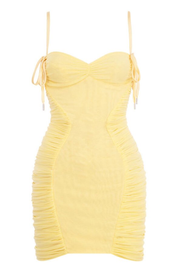 Lila Yellow Spaghetti Strap Mini Dress with Mesh Sides