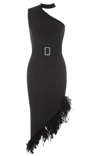 Gianna Black Choker Feather Sleeveless Midi Dress with Belt