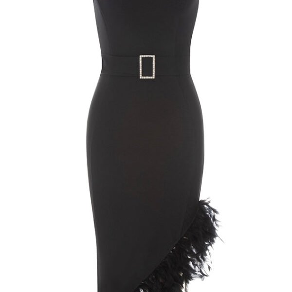 Gianna Black Choker Feather Sleeveless Midi Dress with Belt