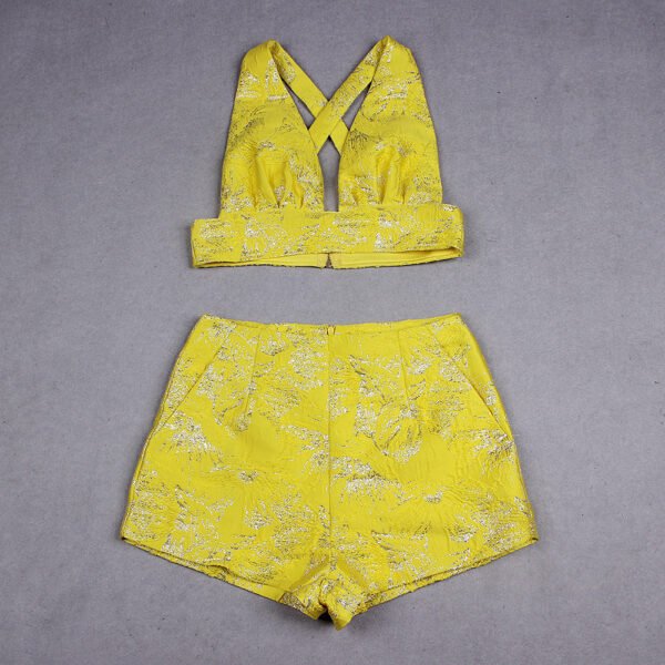 Noelle Yellow Jacquard V Neckline Shorts Suit - Image 11