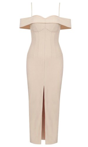 Leanna Beige Ribbed Off The Shoulder Midi Dress