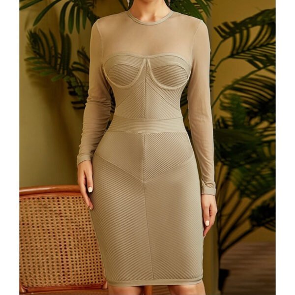 Adelyn Beige Mesh Long Sleeve Midi Dress