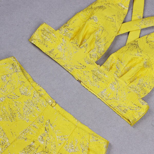 Noelle Yellow Jacquard V Neckline Shorts Suit - Image 9