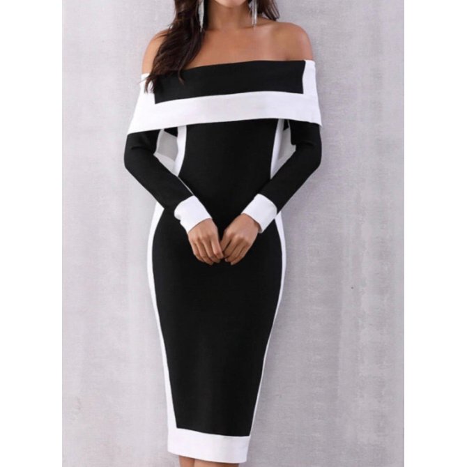 Betsy Black White Off Shoulder Long Sleeve Bandage Dress