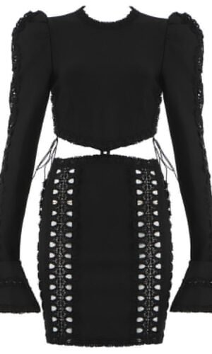 Cora Black Mini Long Sleeve Crochet Insert Dress