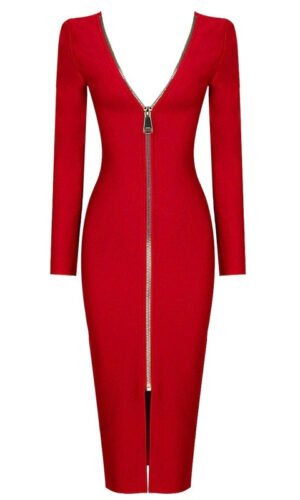 Shannon Red Open Back Long Sleeve Midi Dress