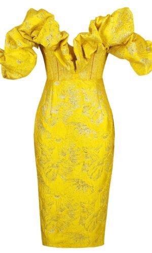 Leila Yellow Mesh Sequined Off shoulder Midi Dress