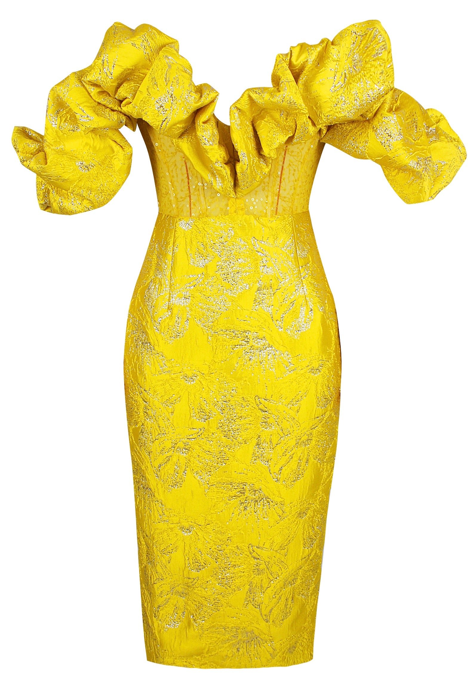 Leila Yellow Mesh Sequined Off shoulder Midi Dress