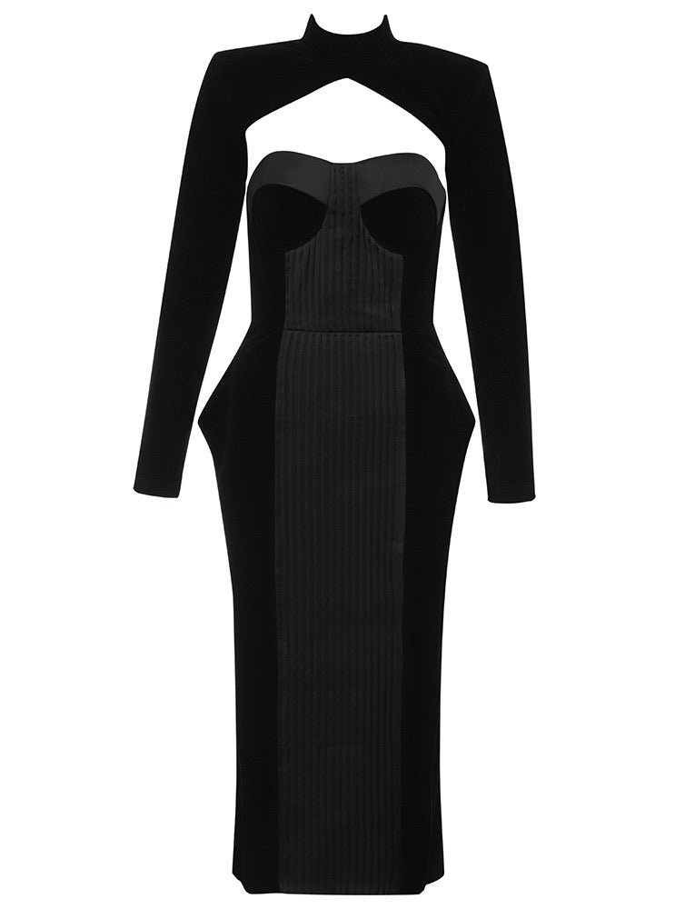 Kallie Black Long Sleeve Structured Midi Dress