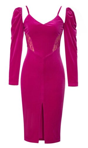 Liliana Pink Long Sleeve Midi Velvet Dress with Lace Insert