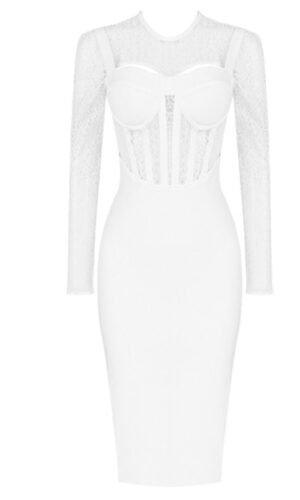 Sienna White Long Sleeve Lace Midi Dress with Front Detail