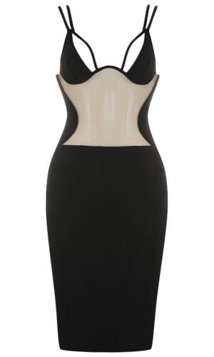 Madelyn Spaghetti Strap Midi Dress with Mesh Details- Black Beige