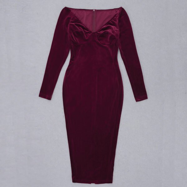 Lauren Burgundy Off Shoulder Long Sleeve Velvet Midi Dress - Image 11