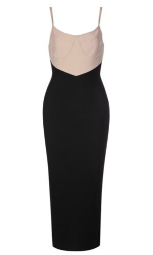 Eliana Sleeveless Beige Black Bustier Midi Dress