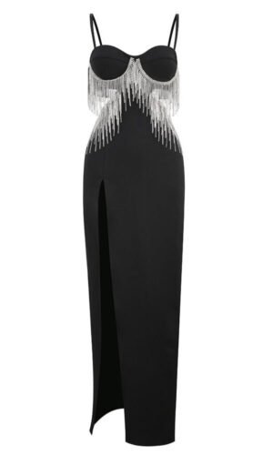 Finley Black Strap Bustier Rhinestone Midi Dress