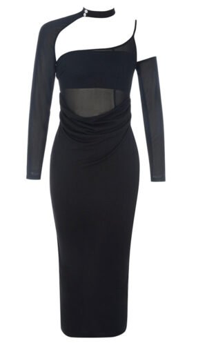 Arya Long Sleeve Black Mesh Midi Dress