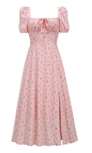 Destiny Pink Floral Front Slit Midi Short Sleeve Dress