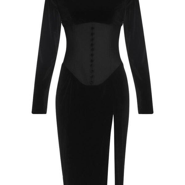 Delilah Long Sleeve Velvet Midi Dress with Corset Detail