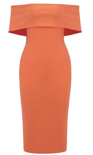 Katherine Off Shoulder Orange Black Midi Dress