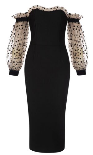 Harmony Molly Black Puff Long Sleeve Off The Shoulder Midi Dress