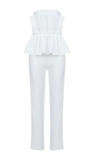 Hattie White Strapless Frill Detail Jumpsuit
