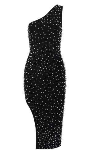 Aleena One Shoulder Pearl Detail Midi Dress - Black