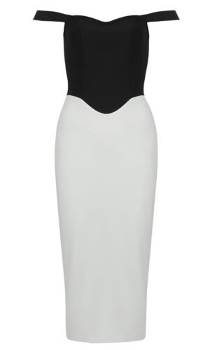 Gwendolyn Black White Off Shoulder Corset Midi Dress