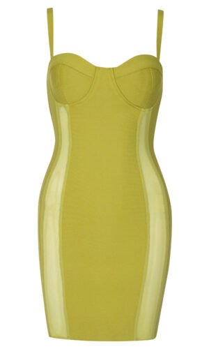 Norah Green Spaghetti Strap Bustier Mesh Insert Mini Dress