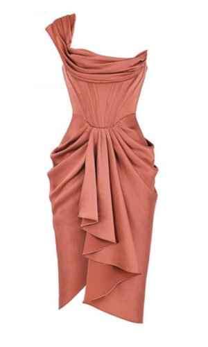 Josie Off Shoulder Coral Asymmetrical Midi Dress