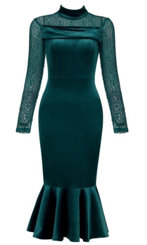 Claudette Green Velvet Crochet Long Sleeve Fluted Midi Dress