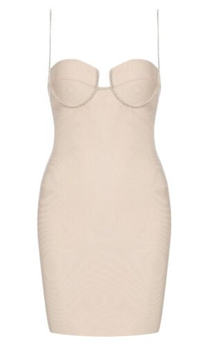 Helena Rhinestont Straps Beige Bustier Mini Dress