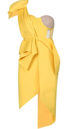 Gwendolyn Yellow Bustier One Shoulder Midi Dress