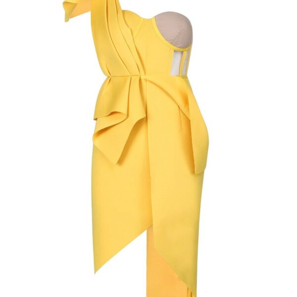 Gwendolyn Yellow Bustier One Shoulder Midi Dress