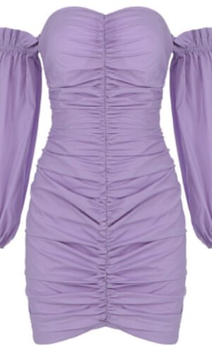 Julieta Off Shoulder Ruched Mini Purple Puff Sleeve Dress