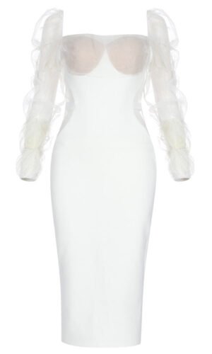 Jaelynn Mesh Long Sleeve White Bustier Midi Dress