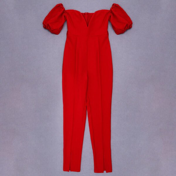 Journee V Neck Puff Sleeve Red Jumpsuit - Image 2