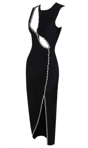Marley Black Round Neck Sleeveless Drill Chain Midi Dress