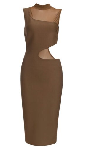 Marie Brown Midi Dress with Mesh Insert